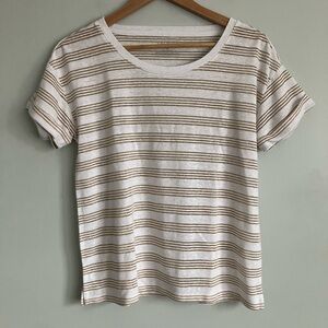 TALBOTS White & Metallic Gold Striped Cotton Blend Tee Size MP